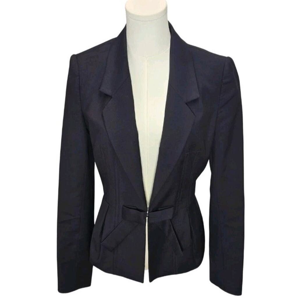 Brooks Brothers Wool Blazer Jacket Womens 4 Navy Blue Bow Peplum Italian Bemberg